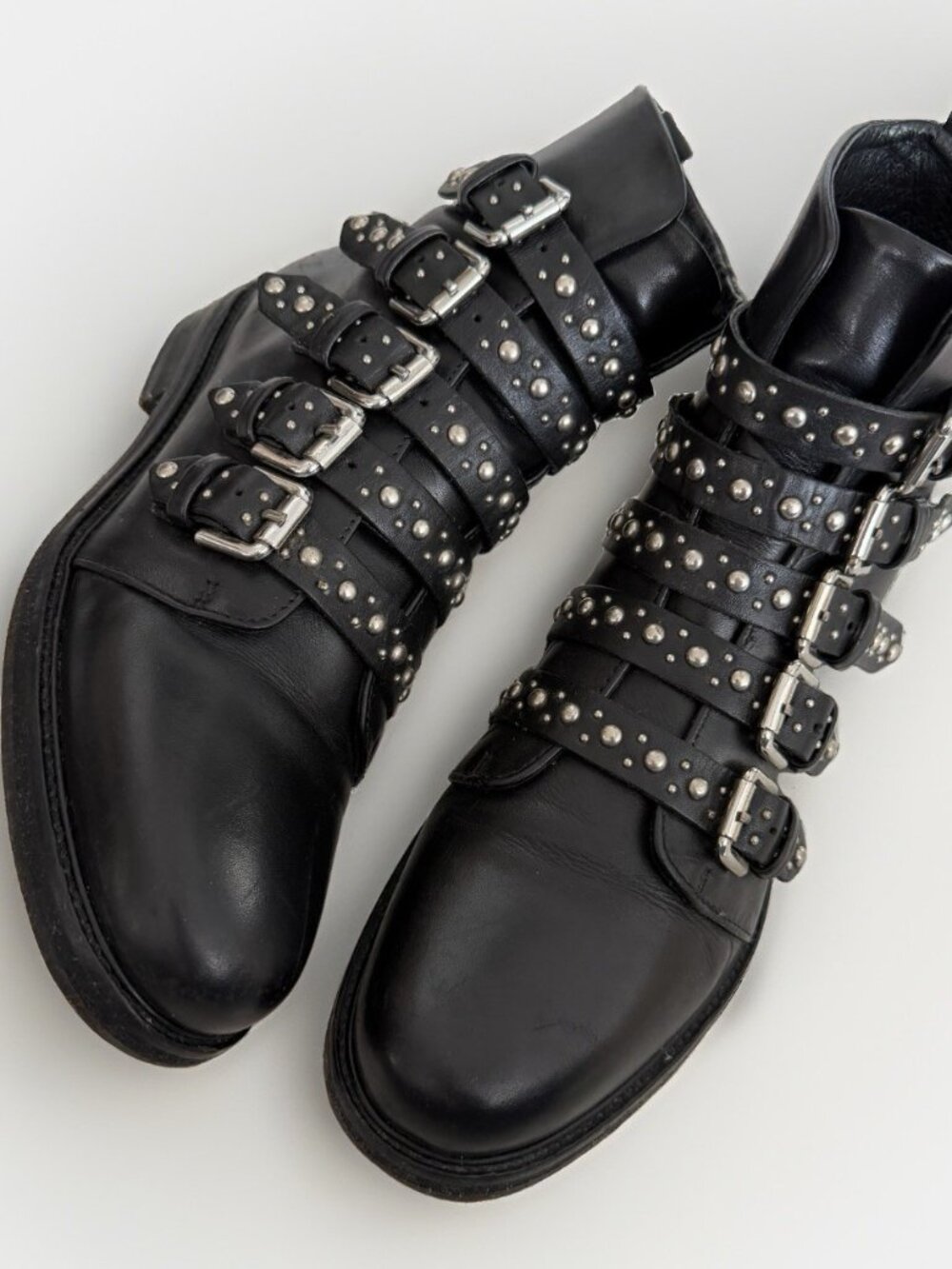 MAJE Leather Biker Boots EU 37: US 6.5 UK 4 Black Studded Buckle Straps Womens